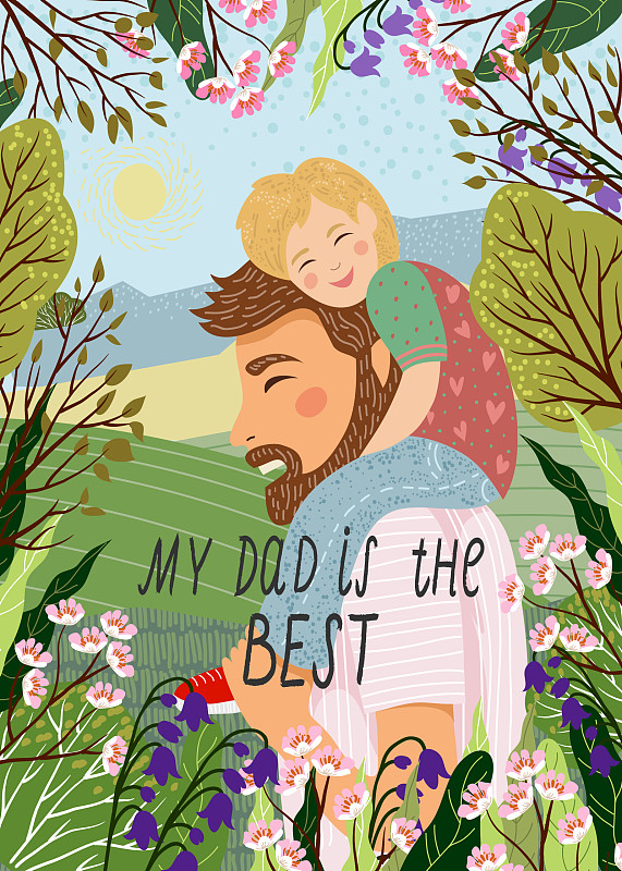 手绘画爸爸和孩子坐在一起图片下载