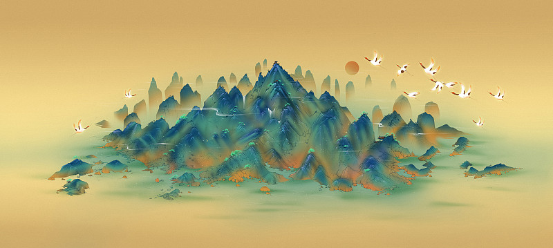 密集陡峭的山脉天空中有几只仙鹤在飞翔 传统中国风山水国画图片下载