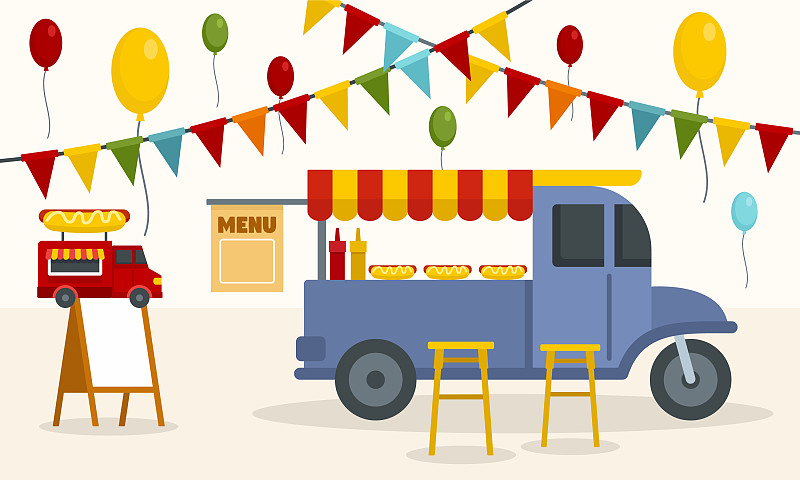 街头餐车概念背景平坦风格图片素材