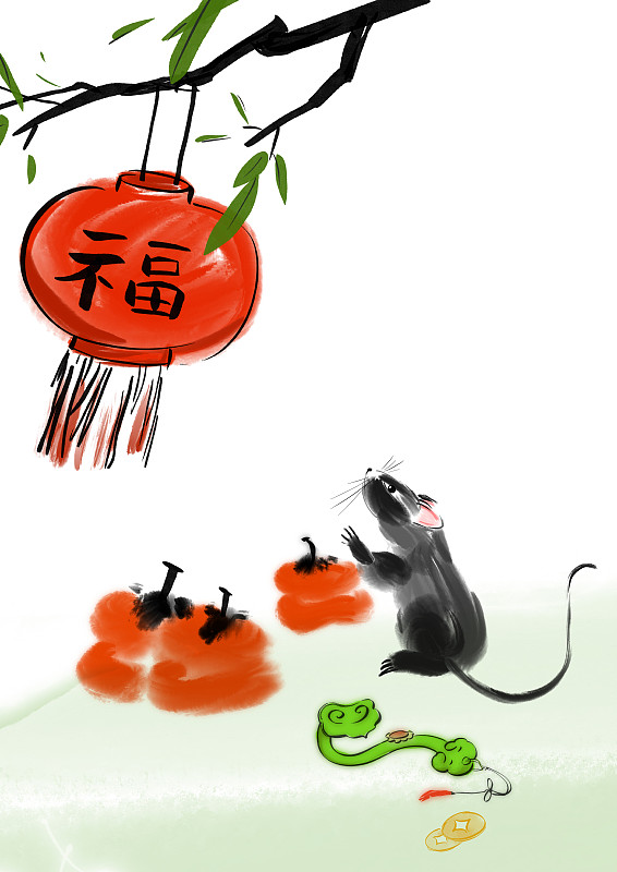 中国水墨插画鼠年吉祥题材事事如意图片