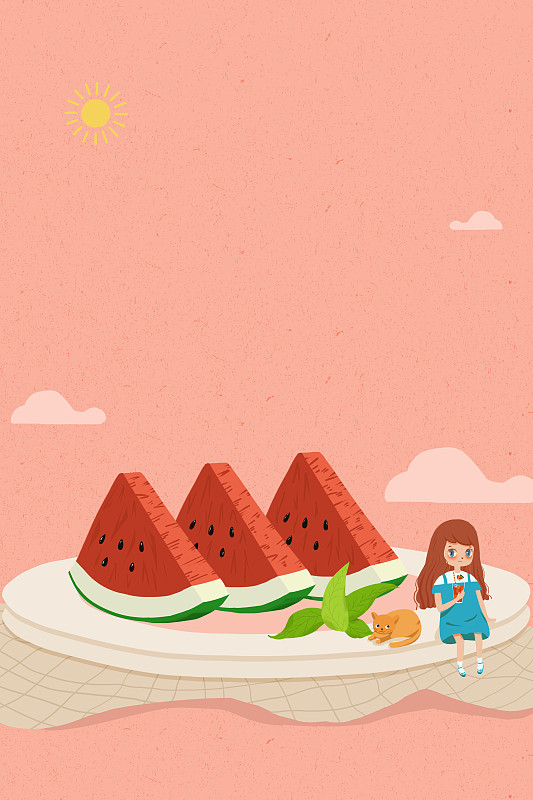 在西瓜旁边喝西瓜汁的女孩 切好的西瓜在盘子里二十四节气小暑插图片下载