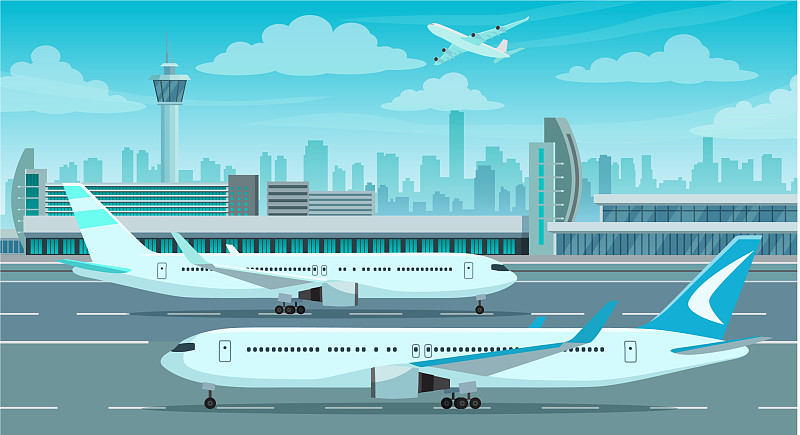 机场候机楼和跑道上的飞机图片下载