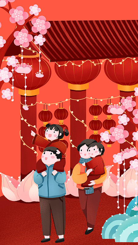 年俗正月十五一家四口元宵节在红木屋檐下赏花灯插画竖版图片