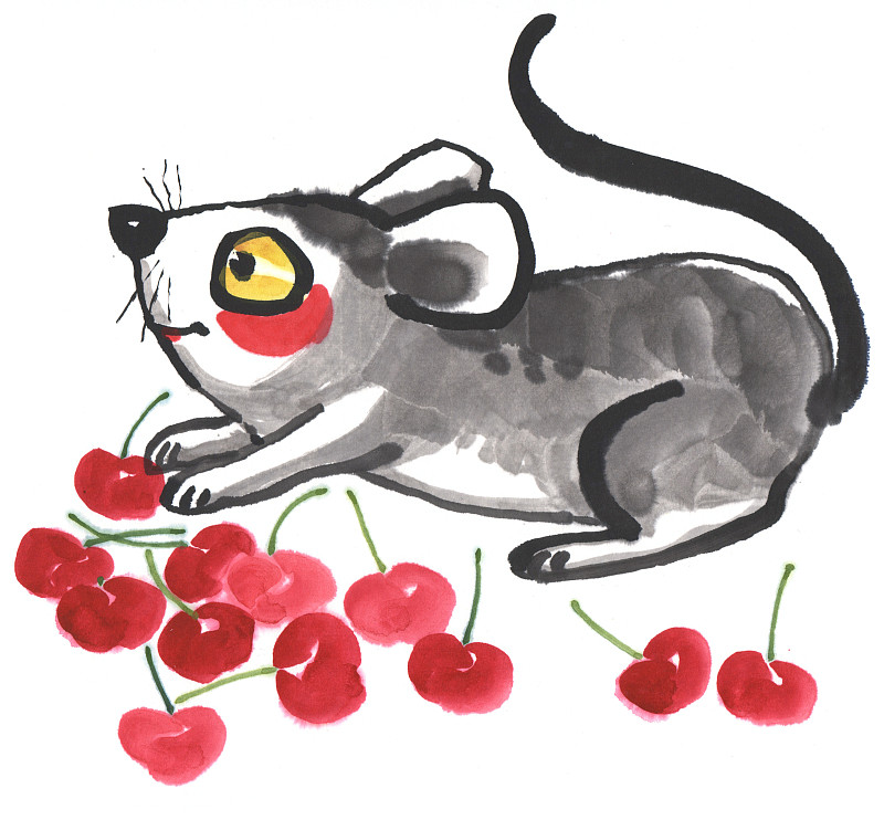 国画水墨插画-樱桃和老鼠下载