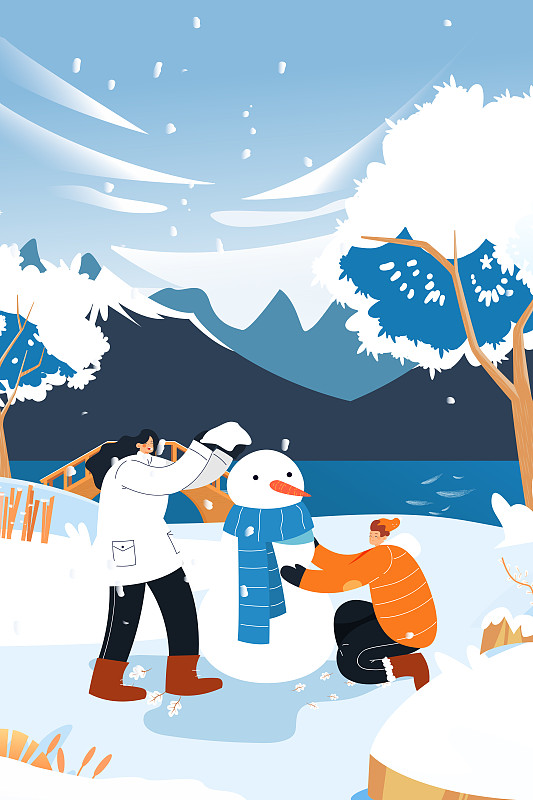 卡通大雪小雪冬季堆雪人背景矢量插画图片