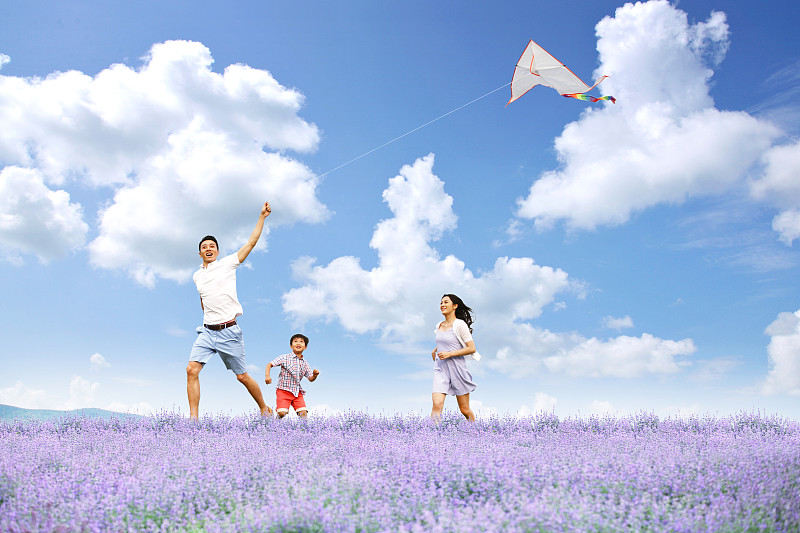 幸福家庭在郊外放风筝图片素材