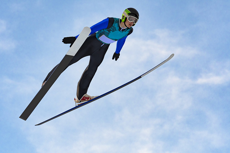 前视图的男子跳台滑雪在半空中对蓝色的天空图片下载