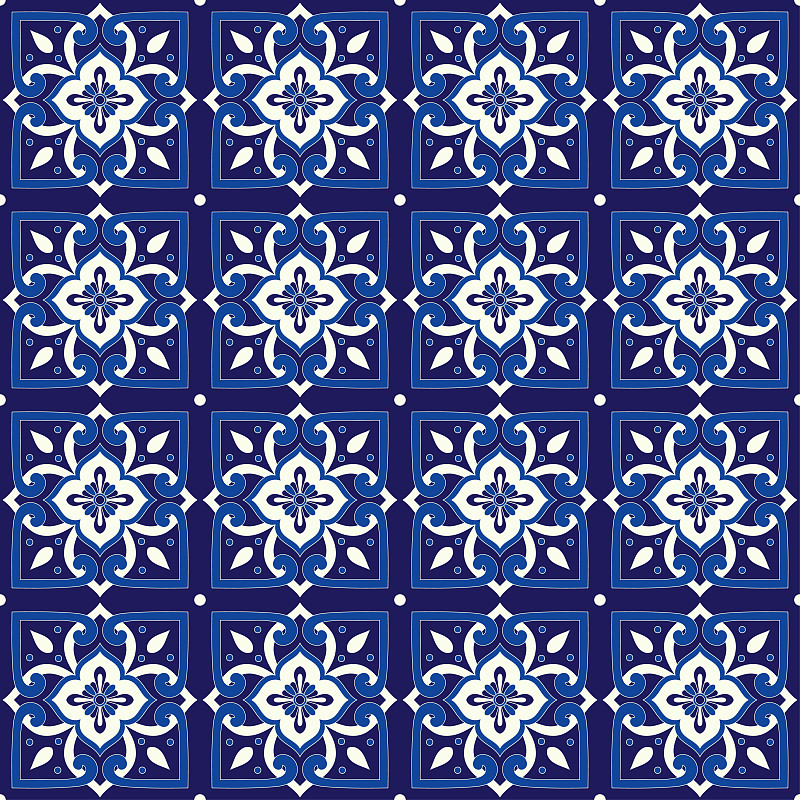 西班牙瓷砖模式向量无缝与蓝色和白色的主题。伊比利亚azulejos，西班牙majolica或巴塞罗那陶瓷图片素材