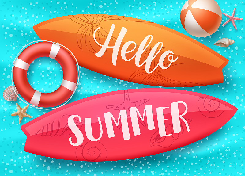 你好夏季矢量设计与冲浪板漂浮在蓝色的水池和彩色的海滩元素图片下载