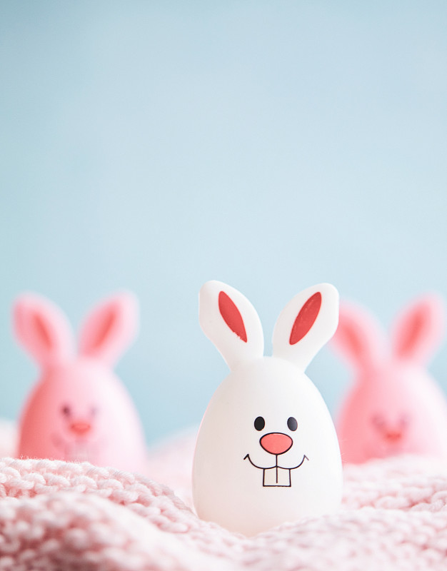 可爱的复活节兔子在粉红色和蓝色的背景图片素材