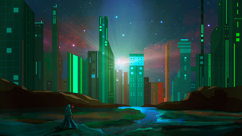 魔术师站在岩石上与河流和科幻城市的夜晚。数字绘画图片下载