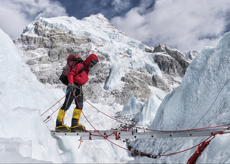 尼泊尔，Solo Khumbu，珠穆朗玛峰，攀登冰瀑的登山者图片素材