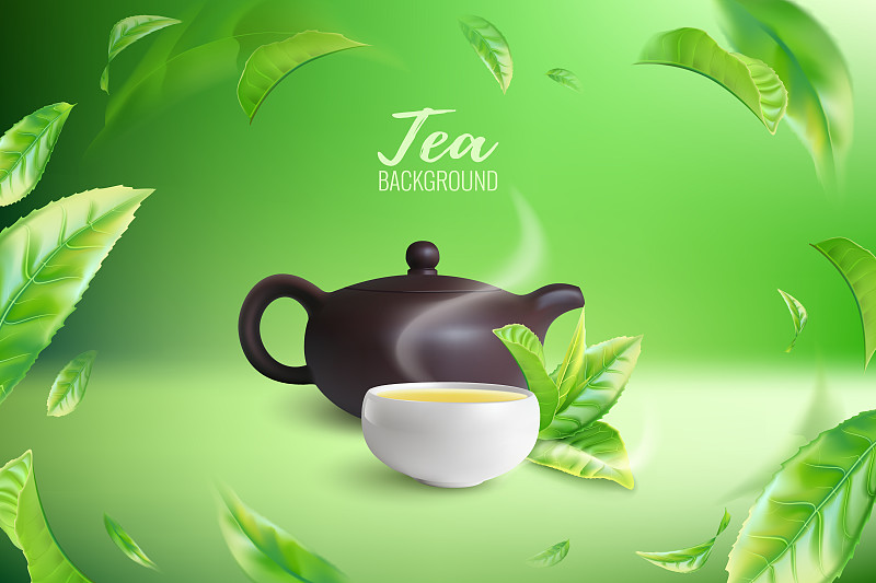 广告海报的绿色或红茶与一个粘土茶壶和一个杯子。绿茶图片下载