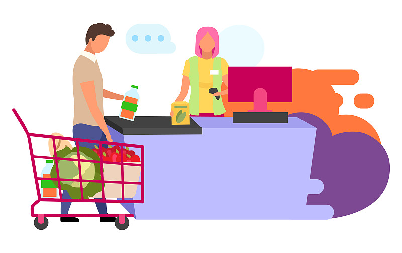 在超市购物平面矢量插图。杂货店的收银员和顾客卡通人物孤立在白色的背景。购买食品,产品。做购物，购物概念图片下载