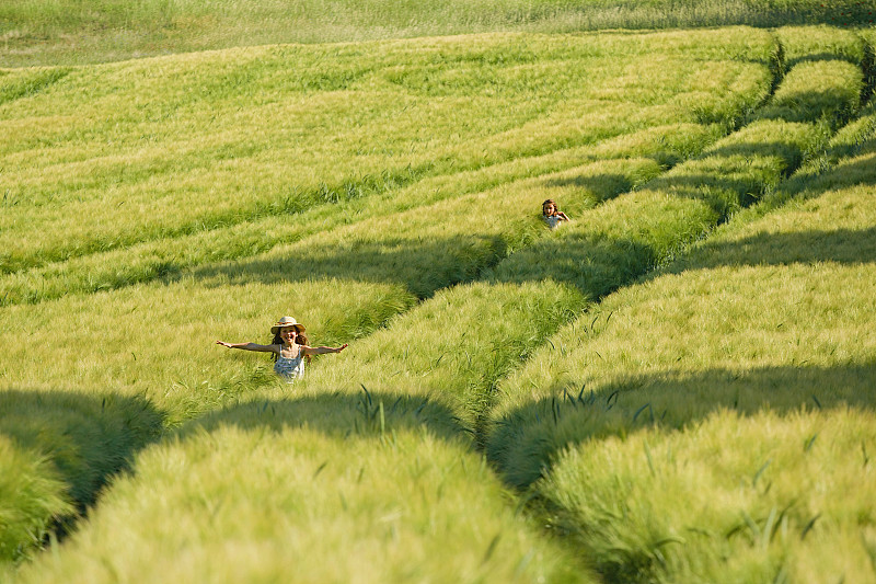 无忧无虑的姑娘们在阳光明媚、田园诗般的绿色农村麦田里奔跑图片下载