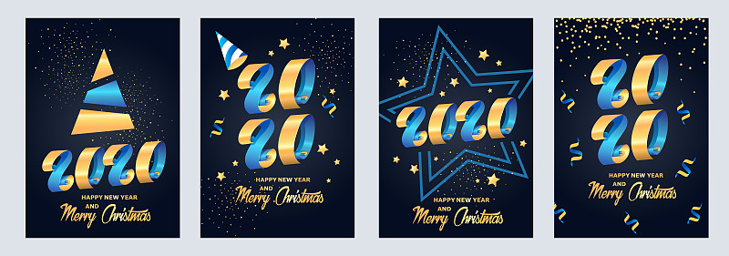 2020年新年。丝带和星星。为假日横幅，传单，卡片，邀请，封面，海报的一套圣诞节闪闪发光的模板。矢量插图。图片素材