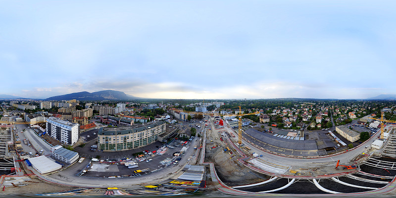 瑞士日内瓦Trois Chene社区地铁建设的360°高架景观图片下载