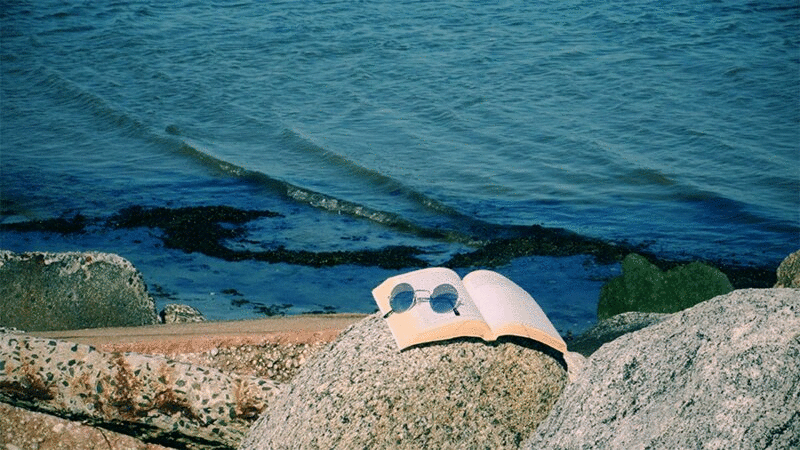 打开书和太阳镜在大岩石与温和的海浪拍打海岸的背景图片下载