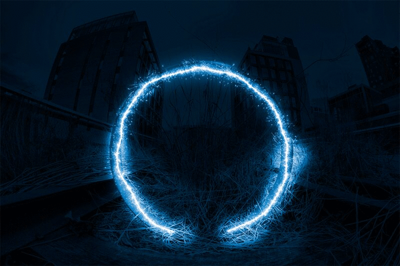 蓝色圆圈，夜间的闪光效果，高架公园，纽约市，美国纽约图片下载