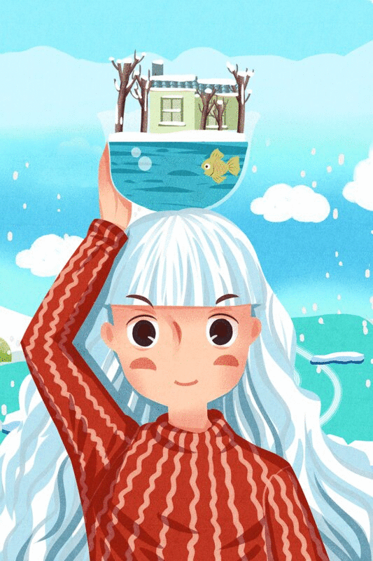 小清新风格可爱冬天女孩和鱼缸插画动图图片下载