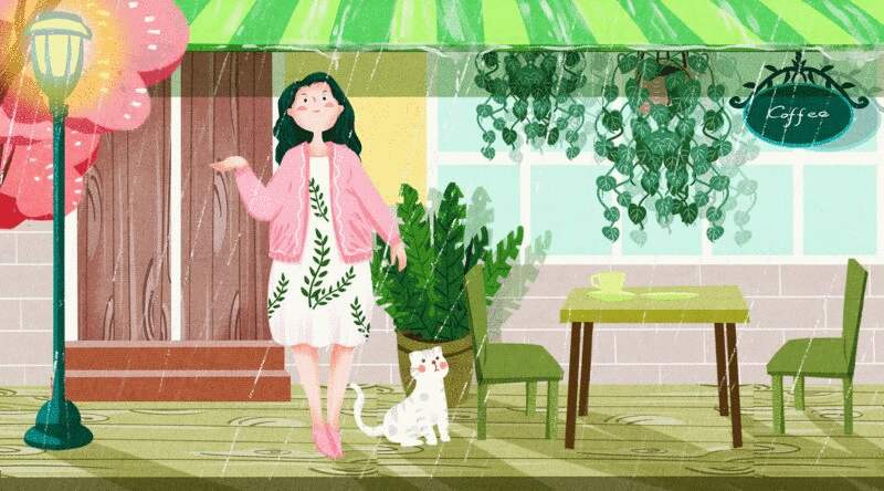 猫与女孩生活二十四节气之雨水插画动图图片下载