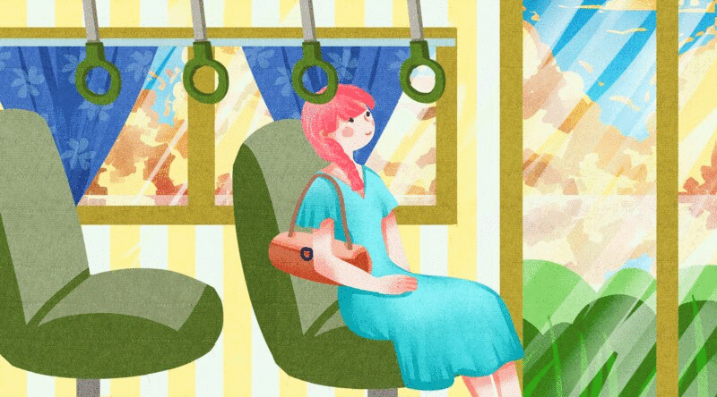 女性坐在公交车车箱插画GIF动图图片下载