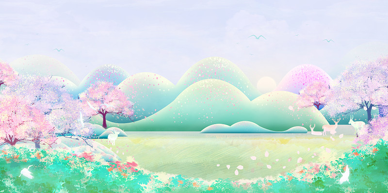 春天太阳照耀森林，小鸟飞舞鲜花盛开插画背景下载