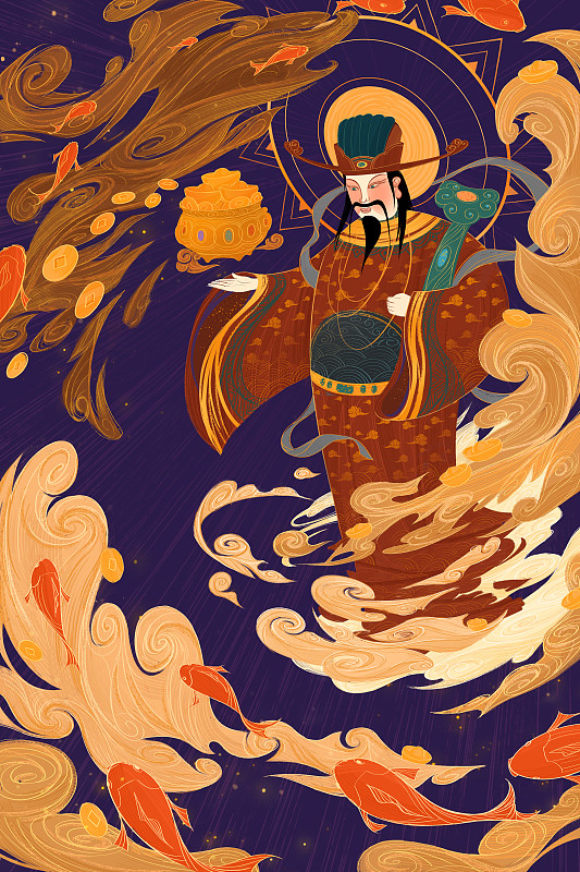 正月初五中国风传统财神插画图片