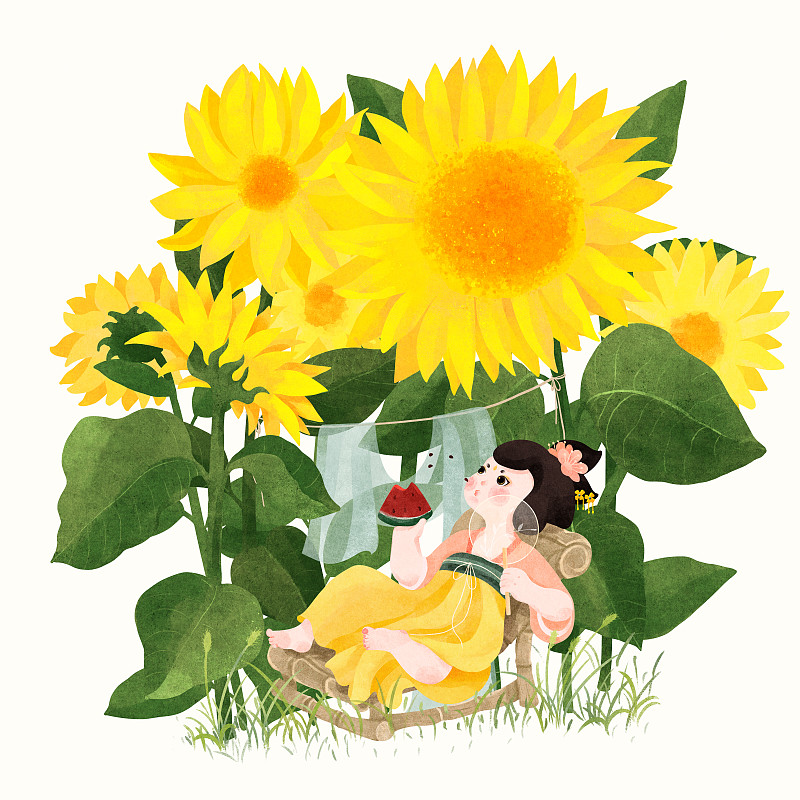 节气大暑向日葵与躺竹椅上吃西瓜的唐朝美人图片素材
