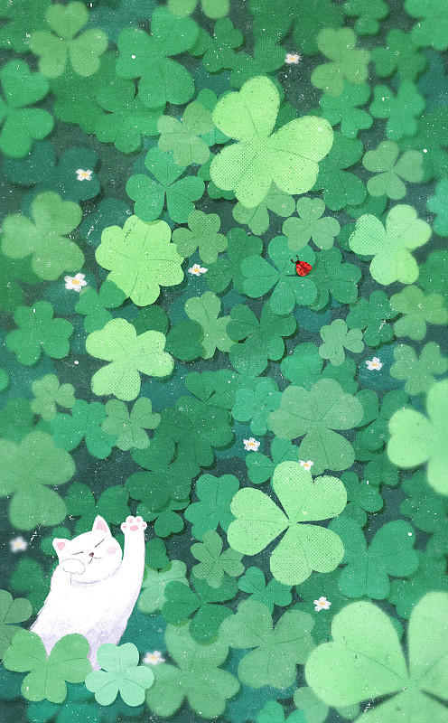 二十四节气惊蛰春分叶子三叶草春天猫插画图片