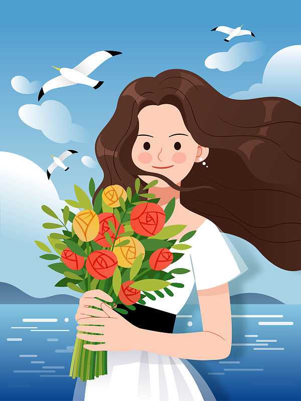 一名女性在海边手捧玫瑰花束图片下载