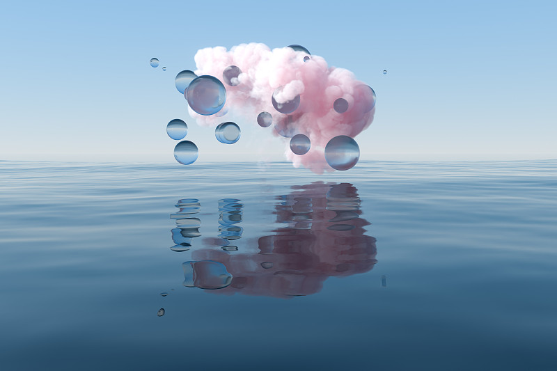 平静水面上飘浮的云朵 三维渲染图片下载