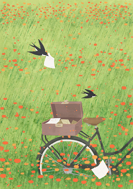 燕子春天自行车草地花丛图片素材