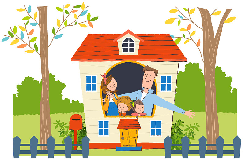 矢量插图四家人在一个红屋顶的房子图片素材
