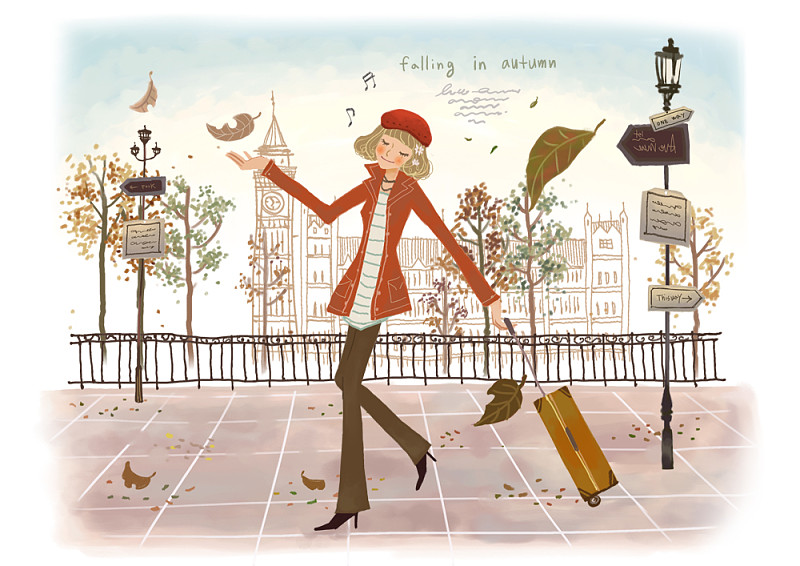 在秋天的插图中，一个女人背着行李走在桥上图片下载