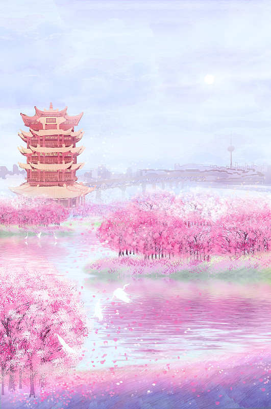 武汉市的黄鹤楼周围，樱花正盛开插画背景下载
