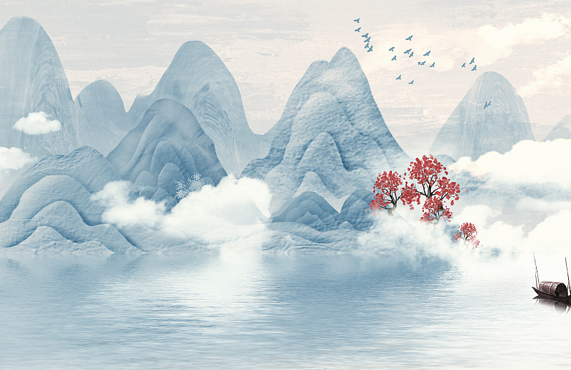 新中式蓝色意境山水画图片下载