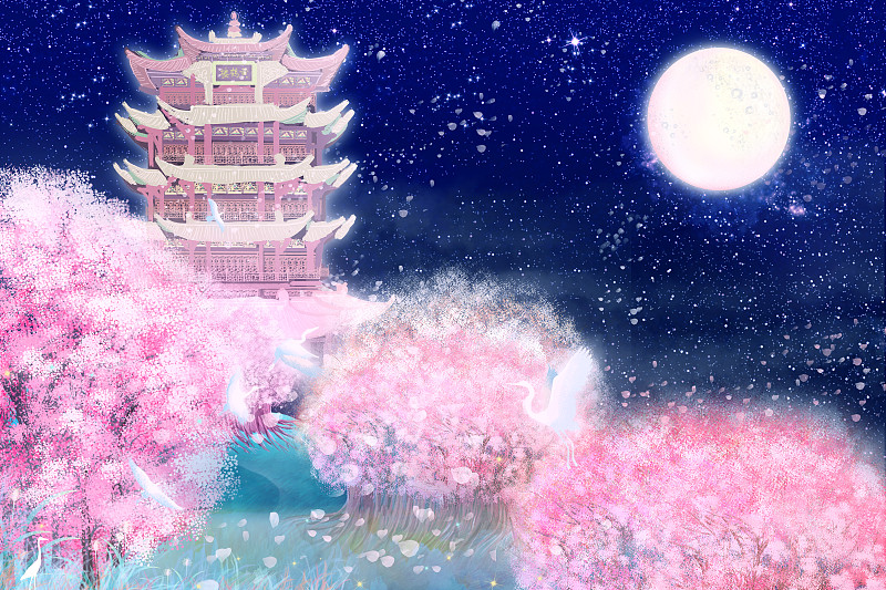 夜晚星空下武汉市的黄鹤楼周围樱花正盛开插画背景下载