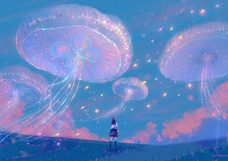 少女望着天空的水母意境唯美治愈插画图片