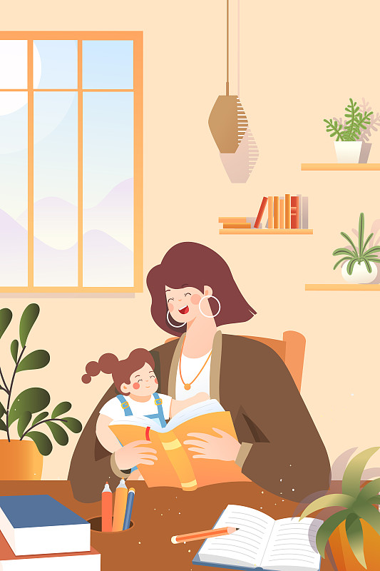 母亲节亲子早教儿童读物读书陪伴电商促销活动矢量插画下载