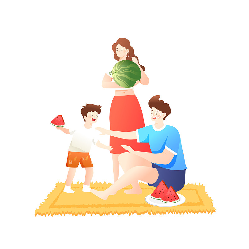 夏季家人亲子吃西瓜玩乐矢量插画图片
