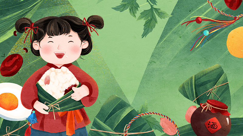 端午节抱着粽子吃的小女孩与粽子背景插画下载