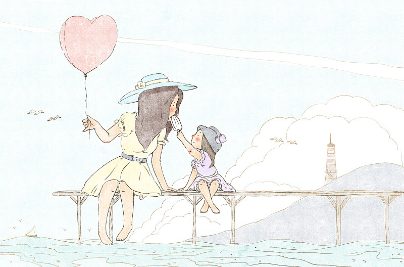 孩子和妈妈在海边度假插画图片