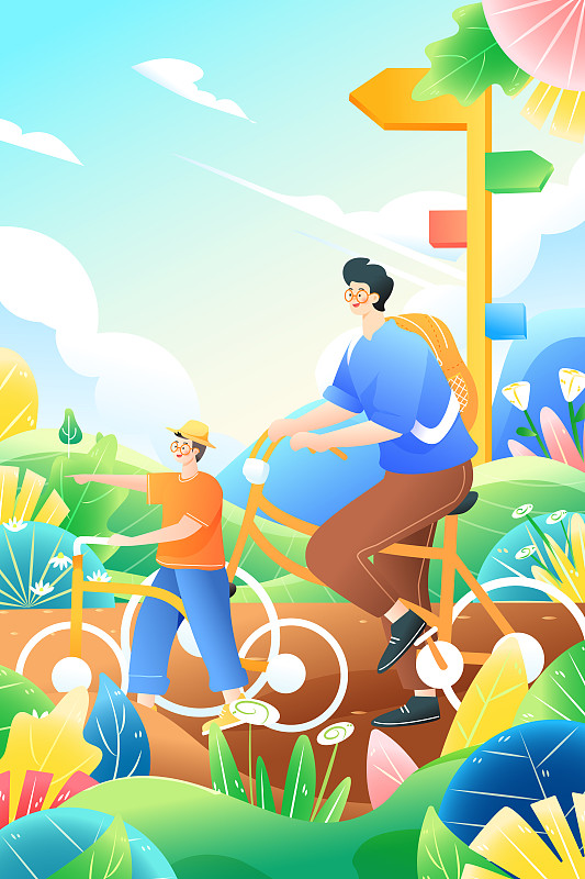 夏季儿童节父亲节亲子骑自行车游玩活动渐变矢量插画图片
