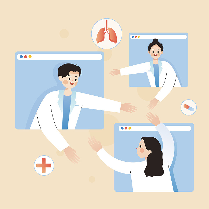 通过互联网线上沟通医学难题的医生矢量插画图片