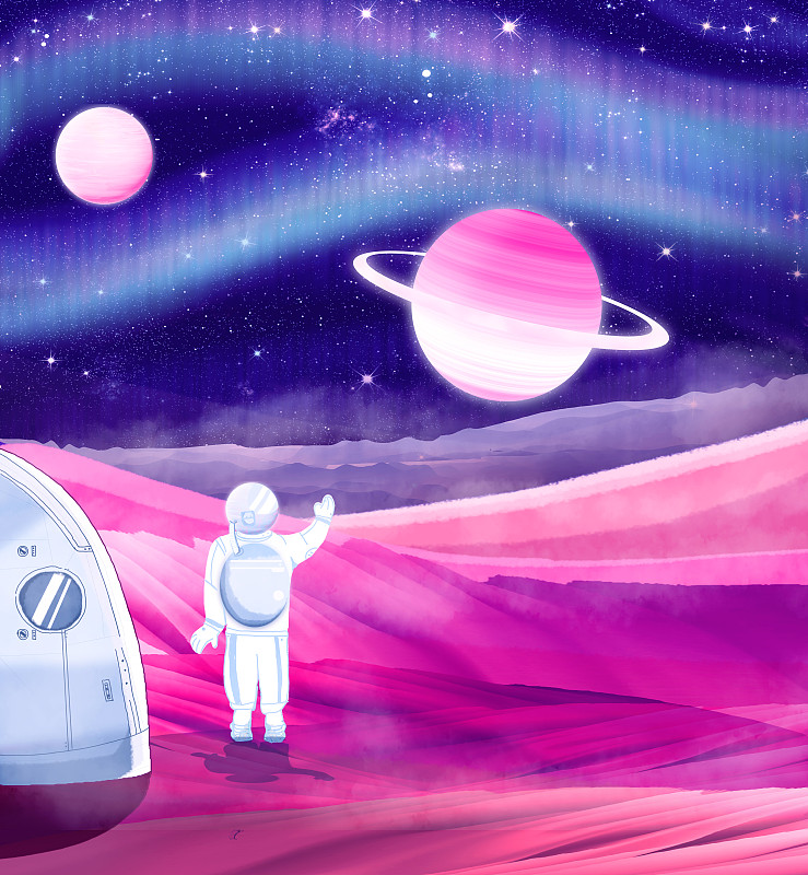 宇航员在外太空星球陆地上数星星插画背景图片