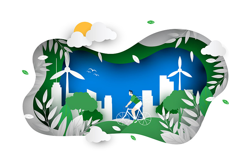 卡通环保生态大自然绿化环境保护低碳生活方式风景剪纸风矢量插画下载