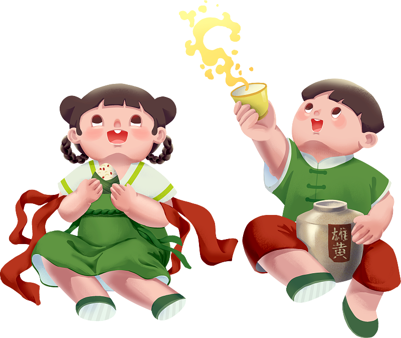 端午节中国风穿汉服的孩子吃粽子无背景插画下载