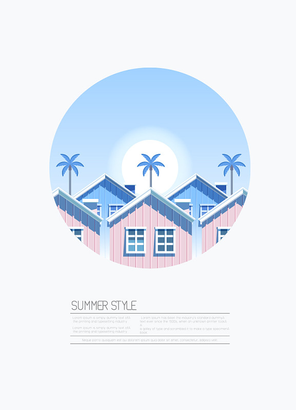 矢量插图的夏天与海滩房子和棕榈树图片下载