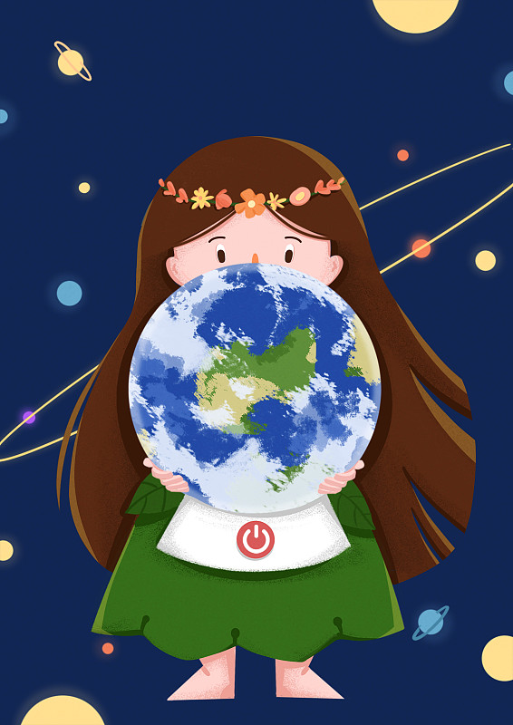 宇宙中女孩抱着关闭电源的地球水晶球图片素材